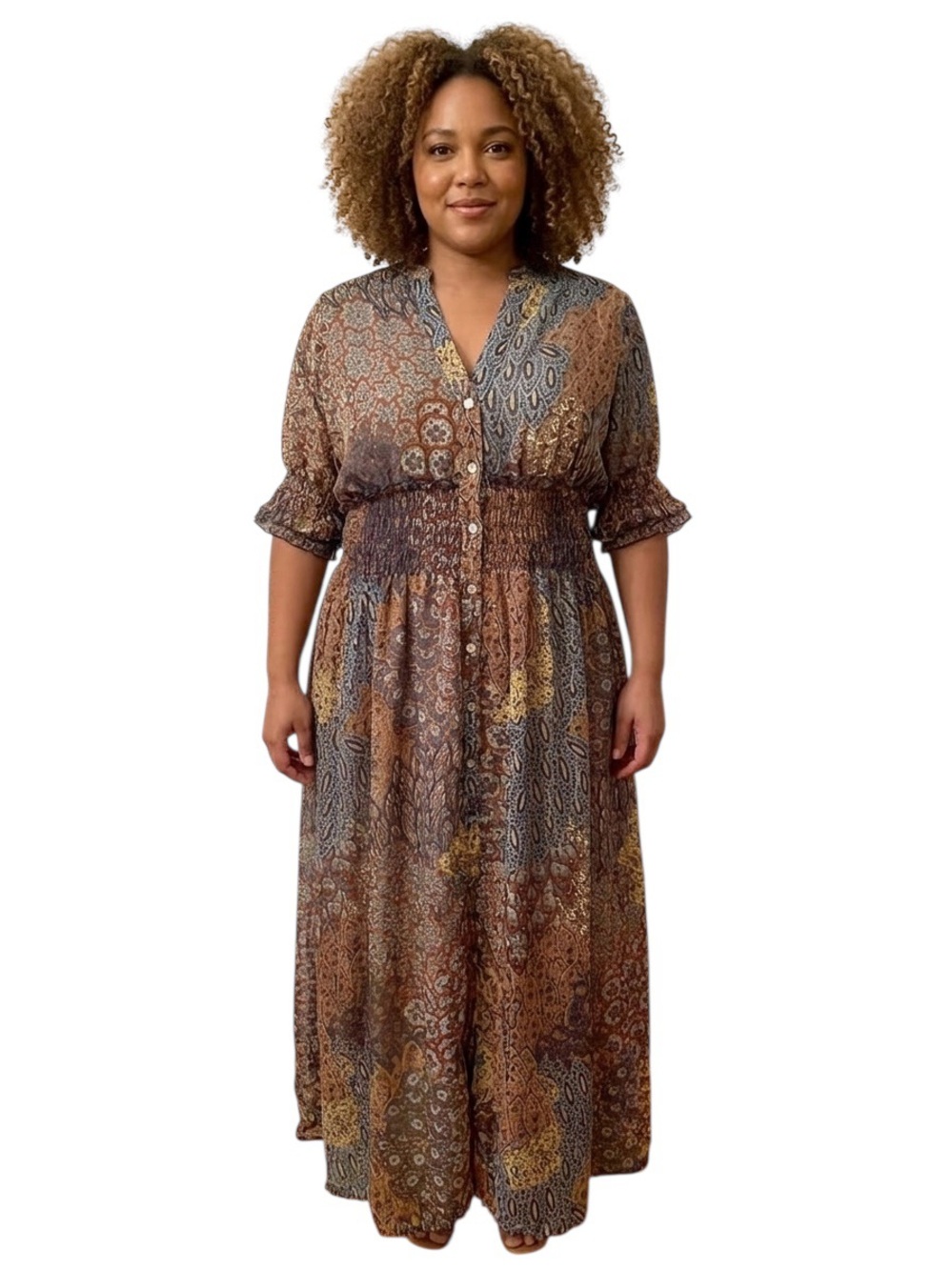 Kate and Lily Smocked Boho Cottage Core Paisley Maxi Dress Size 18W